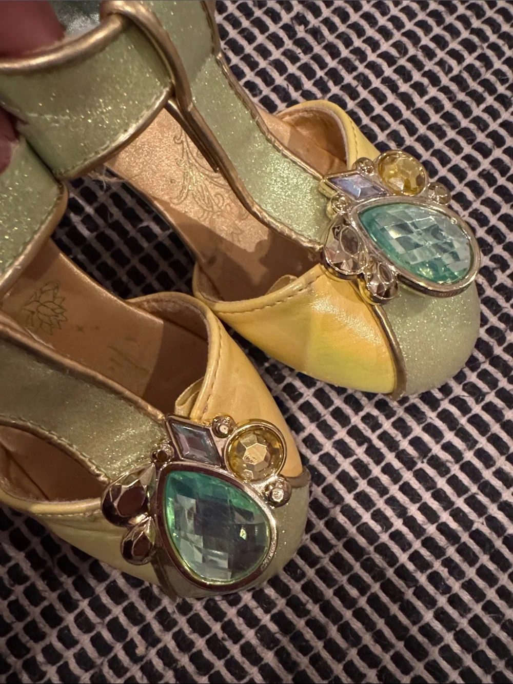 Disney Girls Yellow and Green Tiana Jewel T-Strap Dress Shoes